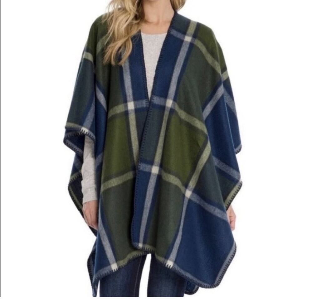 Woolrich Plaid Blanket Wrap Poncho Cape Green Blue One Size OS NWOT Cozy Fall